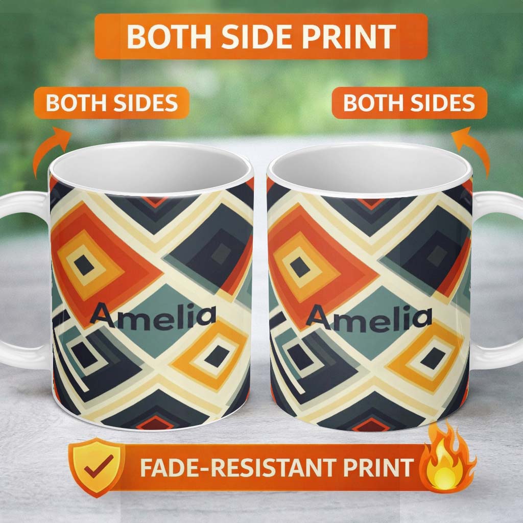Personalized Custom Name Abstract Concentric Diamond Shapes Seamless Pattern Name Cute 11oz Ceramic Coffee Tea Mug White Large Handle
