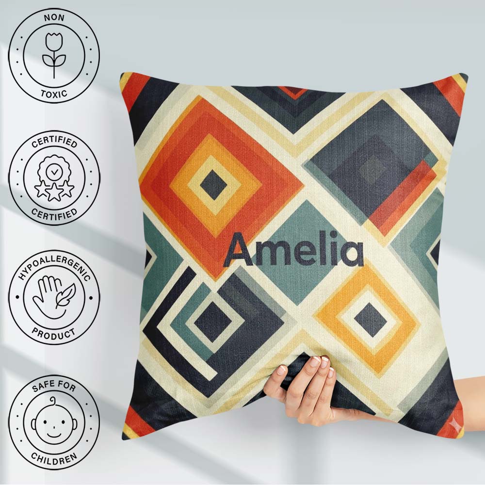 Custom Name Abstract Concentric Diamond Shapes Pattern Name Cute Square Filled Cushion Throw Pillow Sofa Bed Home Decor Zip Washable UK Made