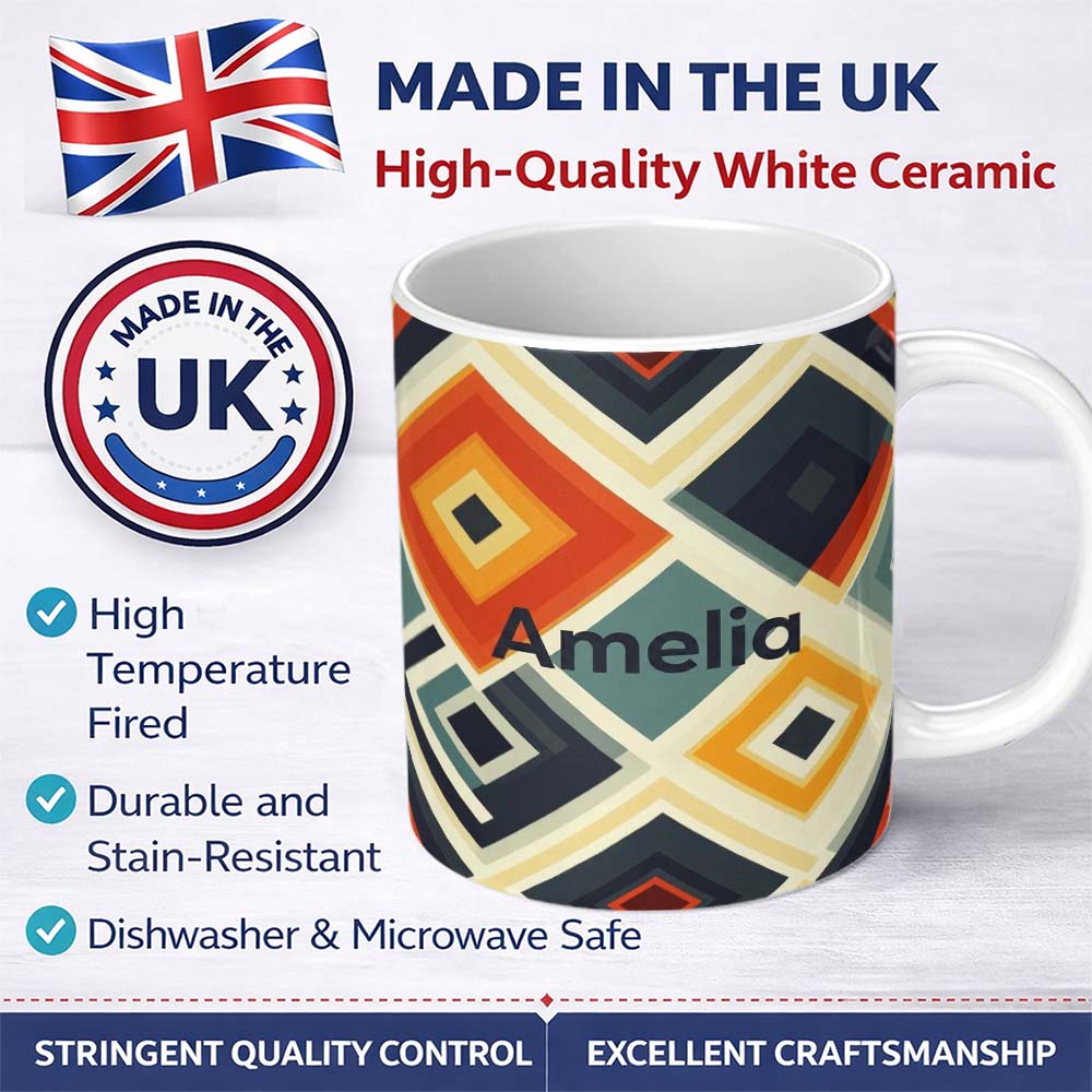 Personalized Custom Name Abstract Concentric Diamond Shapes Seamless Pattern Name Cute 11oz Ceramic Coffee Tea Mug White Large Handle