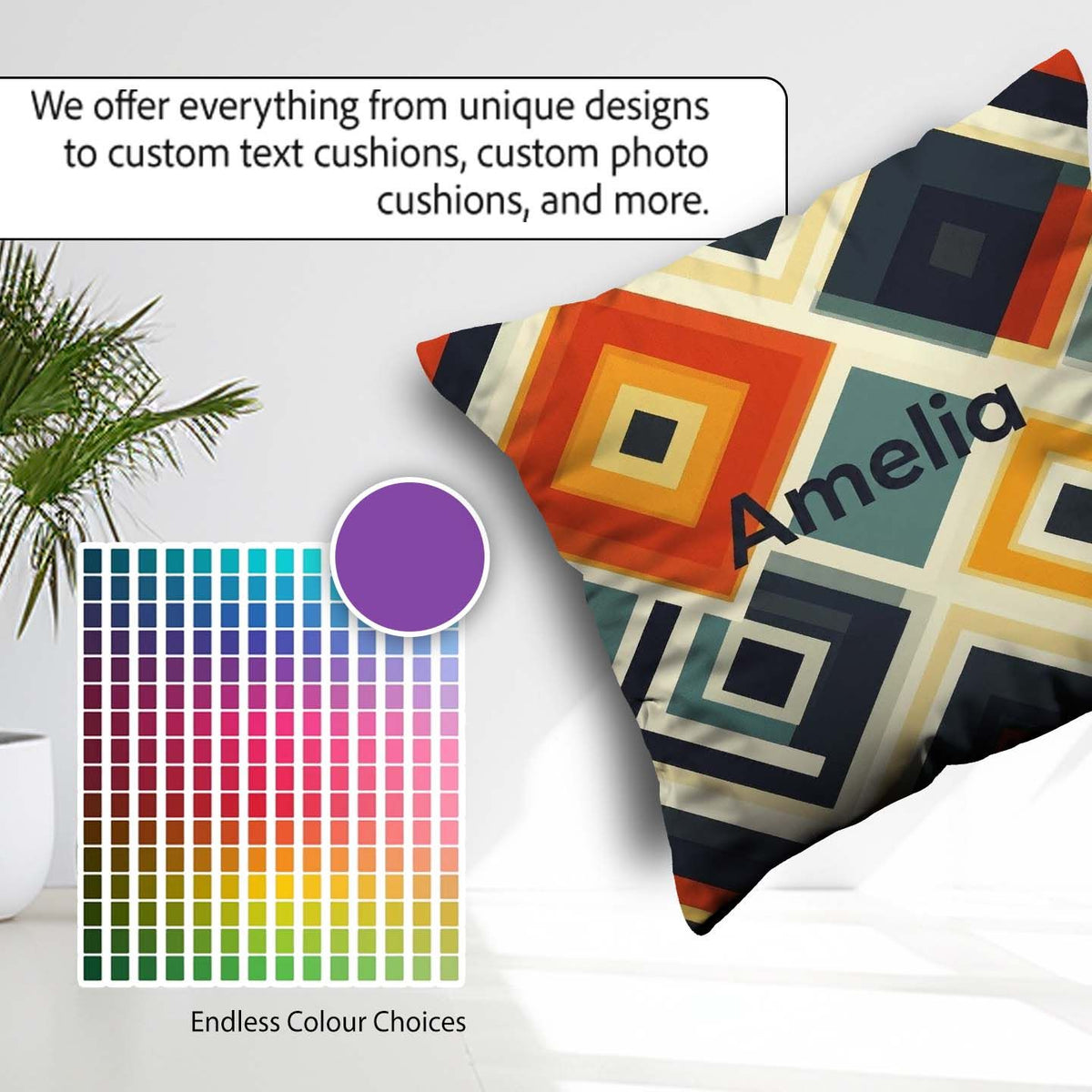Custom Name Abstract Concentric Diamond Shapes Pattern Name Cute Square Filled Cushion Throw Pillow Sofa Bed Home Decor Zip Washable UK Made
