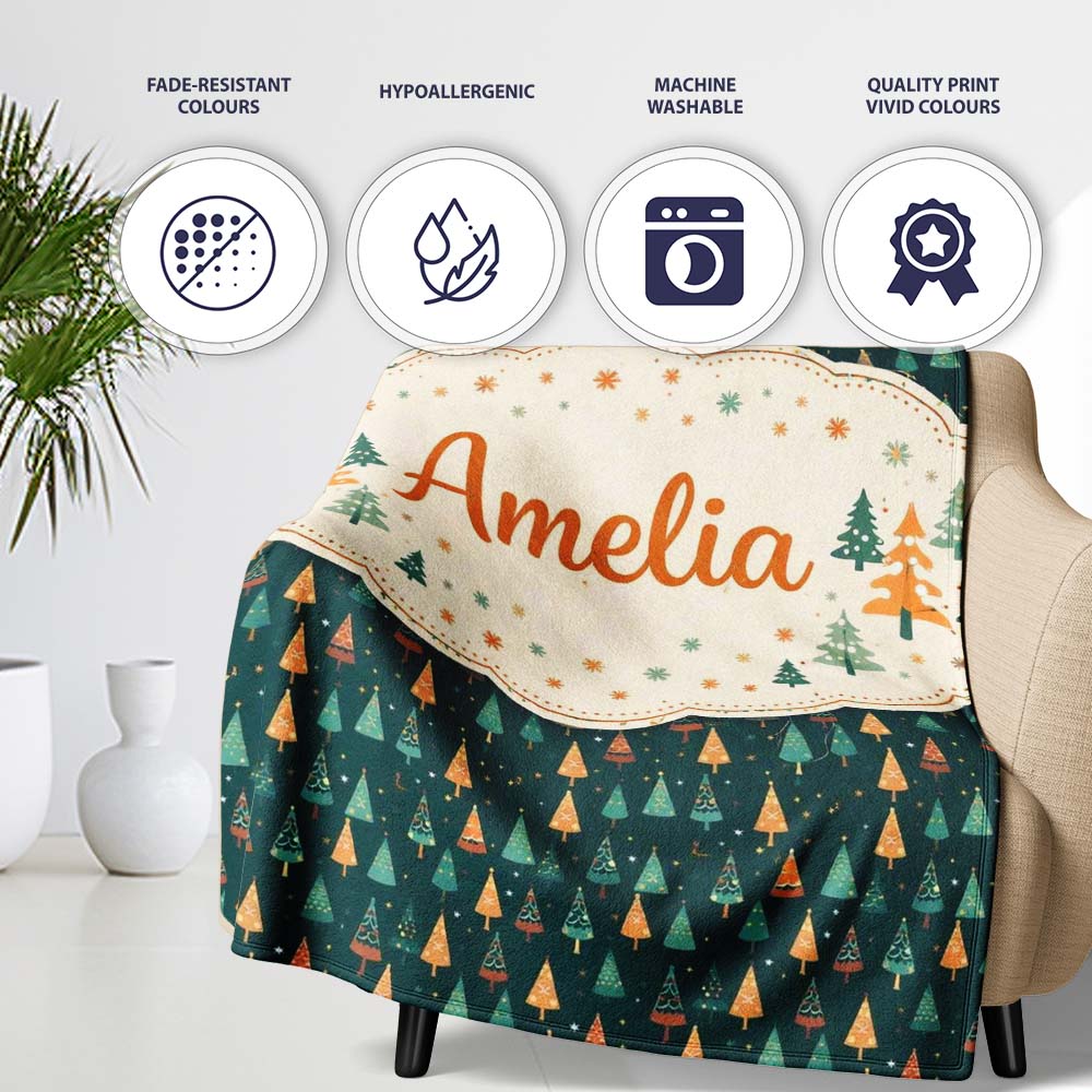 Christmas Tree Festive Pattern Dark Teal Background Seamless Pattern Personalised Custom Name Super Soft Fleece Blanket Bed Sofa Throw