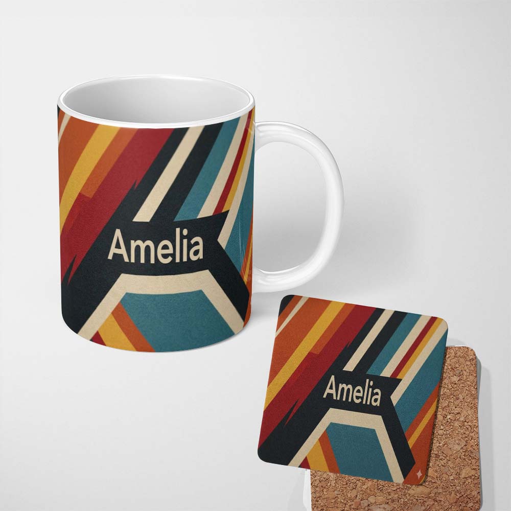 Personalized Custom Name Abstract Layered Geometric Stripes Color Seamless Pattern Custom 11oz Ceramic Coffee Tea Mug White Large Handle