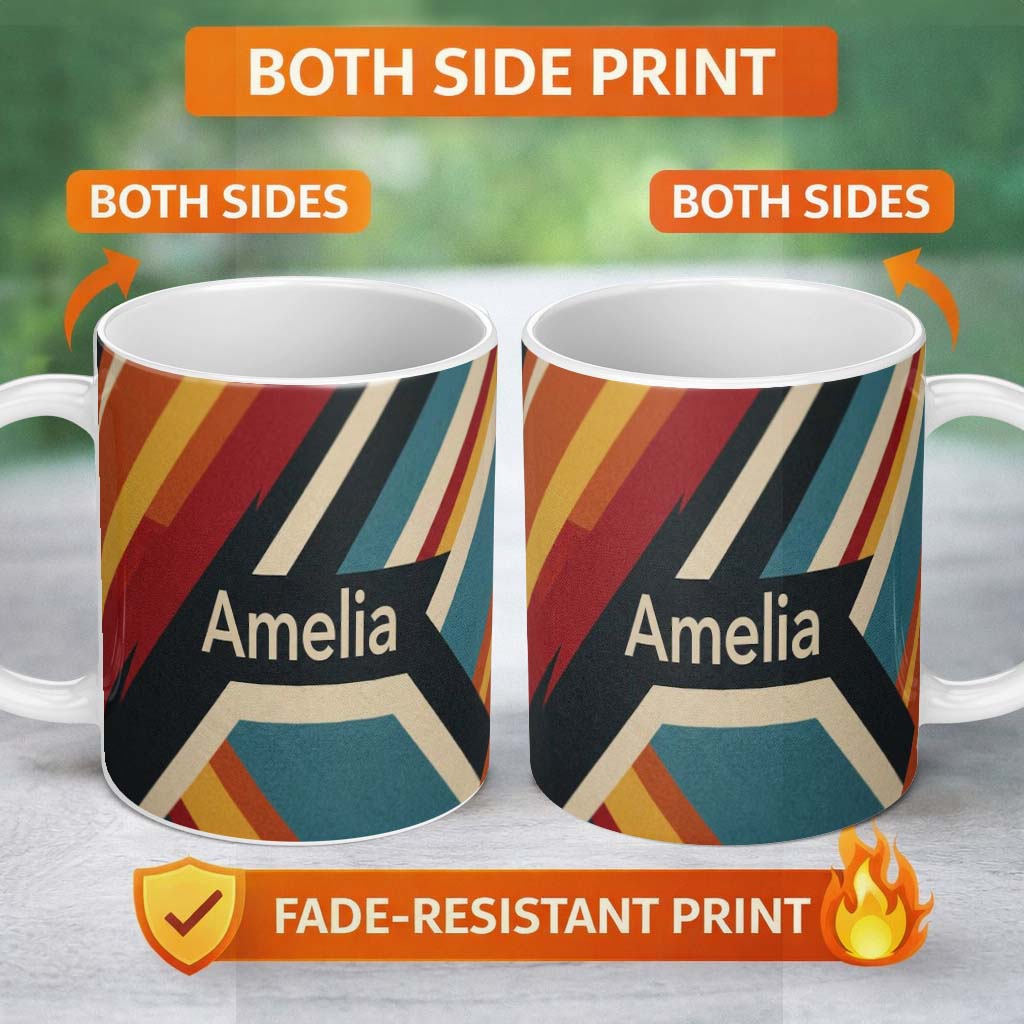 Personalized Custom Name Abstract Layered Geometric Stripes Color Seamless Pattern Custom 11oz Ceramic Coffee Tea Mug White Large Handle