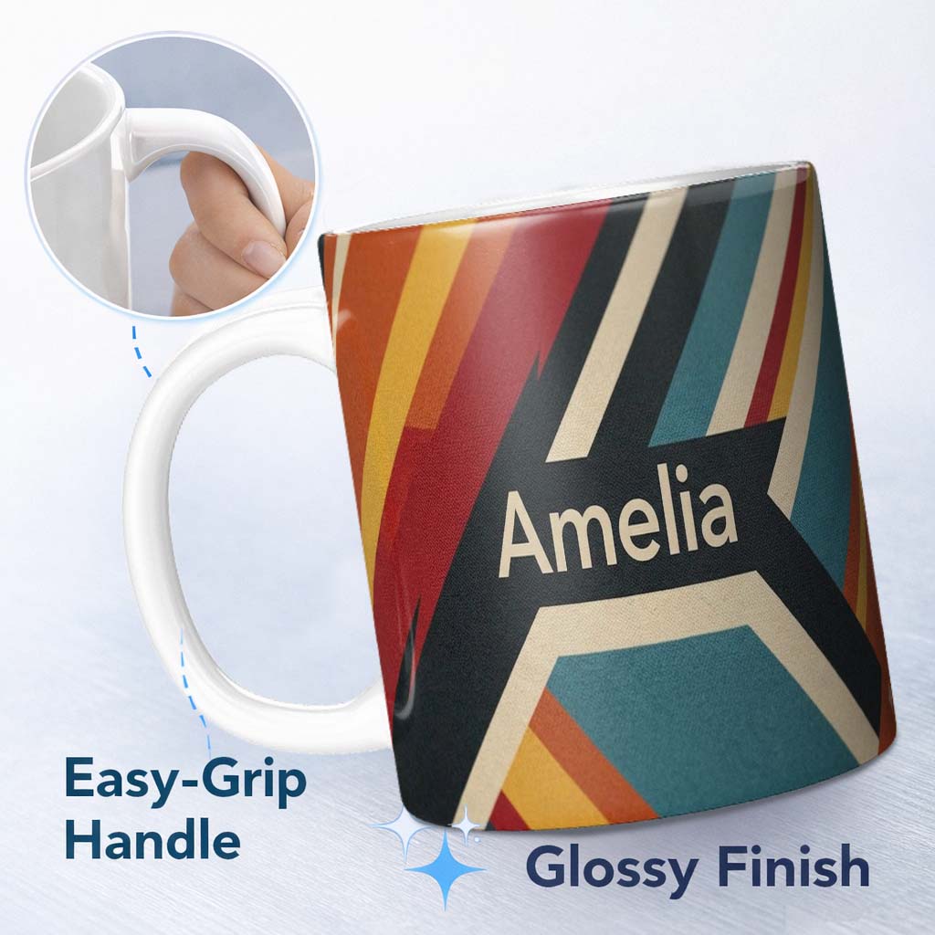 Personalized Custom Name Abstract Layered Geometric Stripes Color Seamless Pattern Custom 11oz Ceramic Coffee Tea Mug White Large Handle