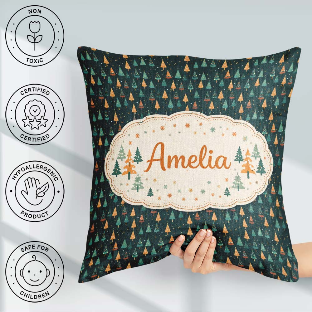 Custom Name Christmas Tree Festive Dark Teal Background Seamless Square Filled Cushion Throw Pillow Sofa Bed Home Decor Zip Washable UK Made