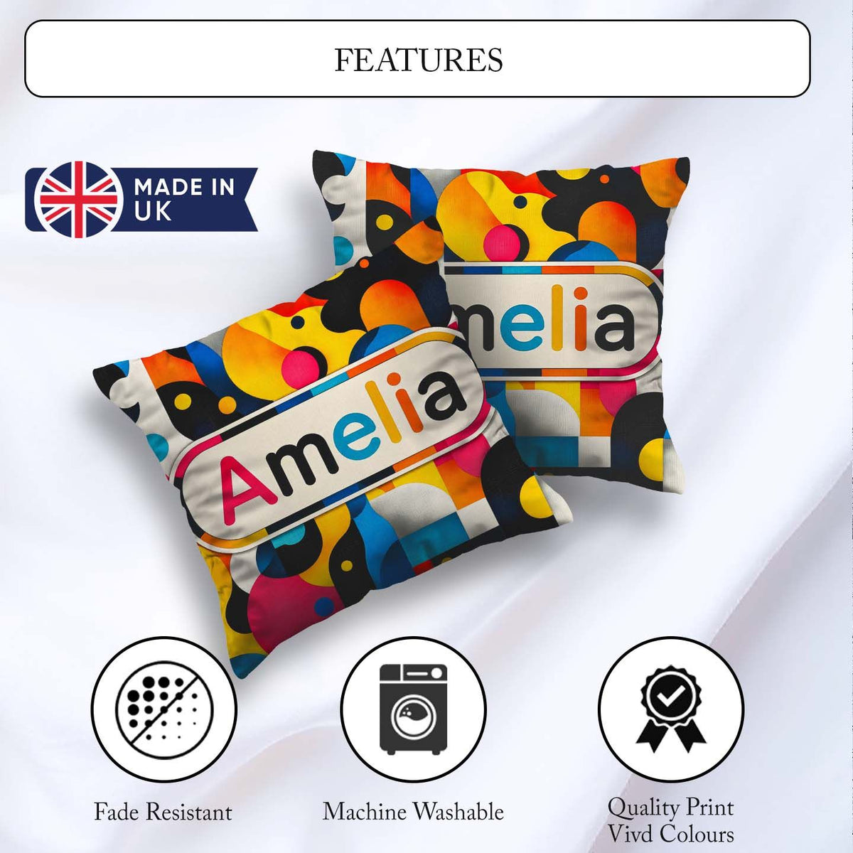 Custom Name Abstract Organic Fluid Vibrant Seamless Pattern Name Square Filled Cushion Throw Pillow Sofa Bed Home Decor Zip Washable UK Made