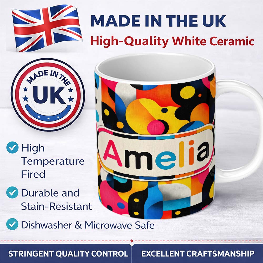 Personalized Custom Name Abstract Organic Fluid Shapes Vibrant Seamless Pattern Name Cute 11oz Ceramic Coffee Tea Mug White Large Handle