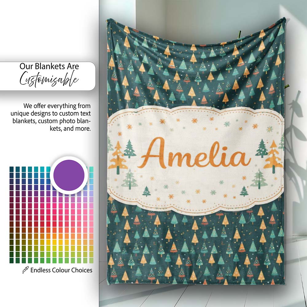 Christmas Tree Festive Pattern Dark Teal Background Seamless Pattern Personalised Custom Name Super Soft Fleece Blanket Bed Sofa Throw