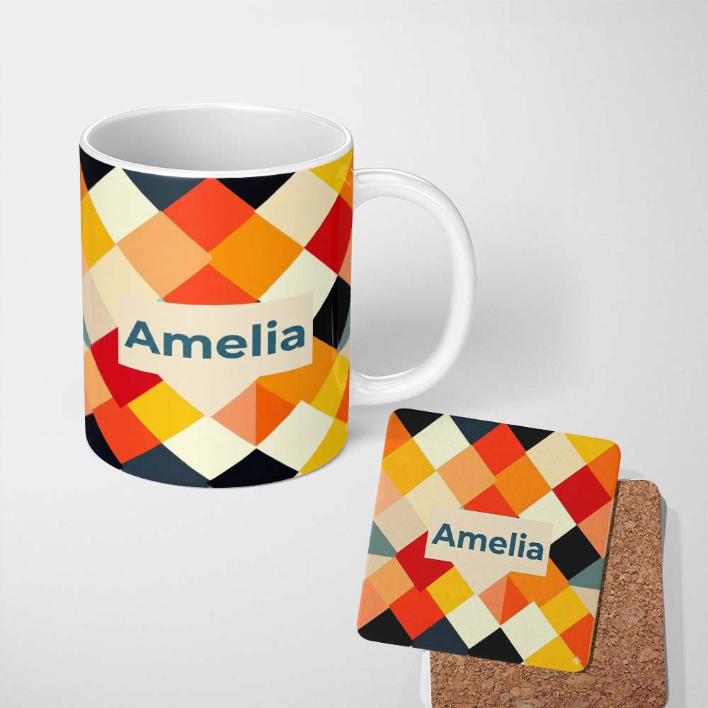 Personalized Custom Name Abstract Soft Diamond Patchwork Geometric Seamless Pattern Name Cute 11oz Ceramic Coffee Tea Mug White Large Handle