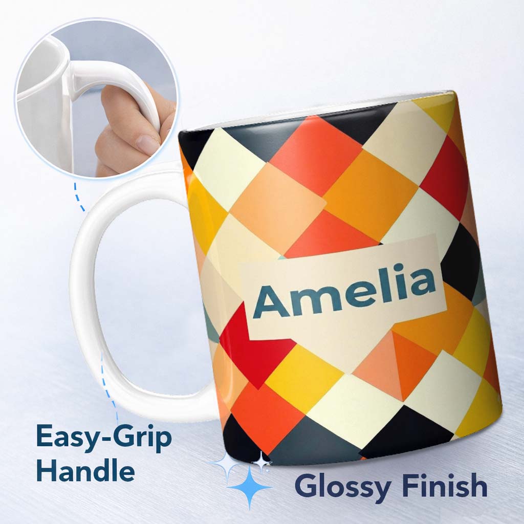 Personalized Custom Name Abstract Soft Diamond Patchwork Geometric Seamless Pattern Name Cute 11oz Ceramic Coffee Tea Mug White Large Handle