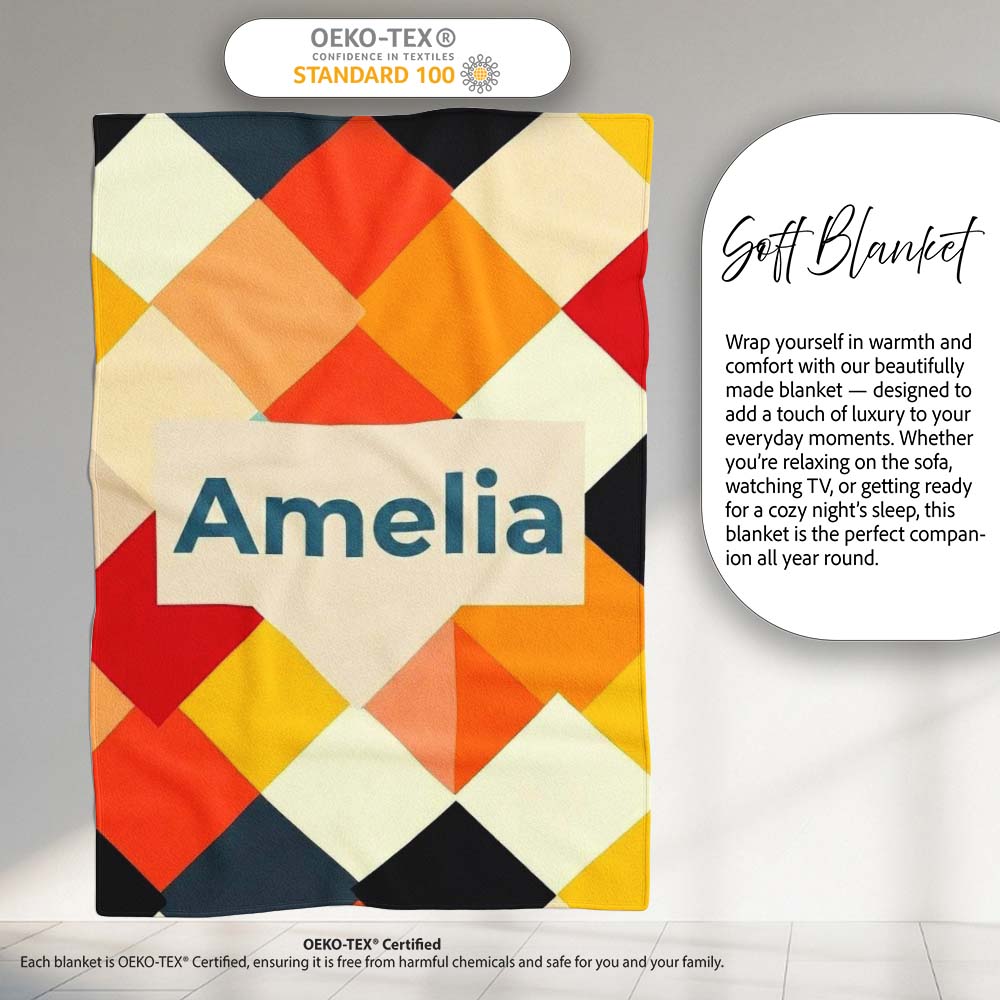 Abstract Soft Diamond Patchwork Geometric Seamless Pattern Name Cute Personalised Custom Name Super Soft Fleece Blanket Bed Sofa Throw