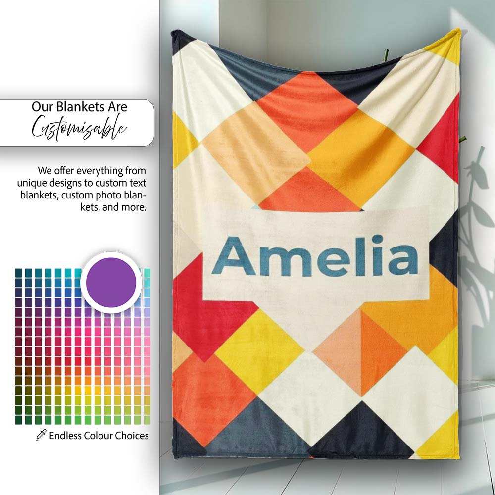 Abstract Soft Diamond Patchwork Geometric Seamless Pattern Name Cute Personalised Custom Name Super Soft Fleece Blanket Bed Sofa Throw