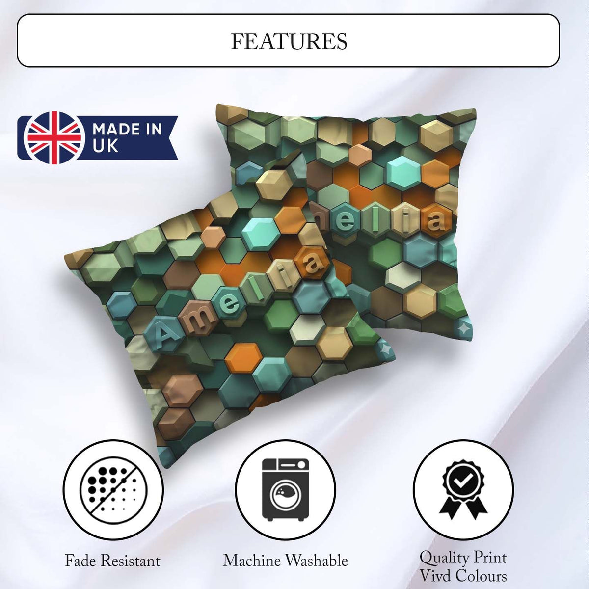 Custom Name Abstract 3D Hexagon Mosaic Modern Geometric Seamless Square Filled Cushion Throw Pillow Sofa Bed Home Decor Zip Washable UK Made