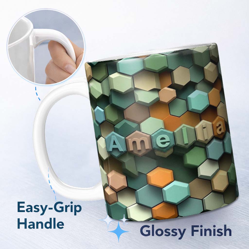 Personalized Custom Name Abstract 3D Hexagon Mosaic Modern Geometric Seamless Pattern Name 11oz Ceramic Coffee Tea Mug White Large Handle