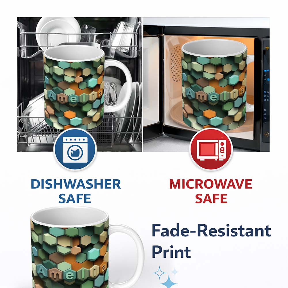 Personalized Custom Name Abstract 3D Hexagon Mosaic Modern Geometric Seamless Pattern Name 11oz Ceramic Coffee Tea Mug White Large Handle