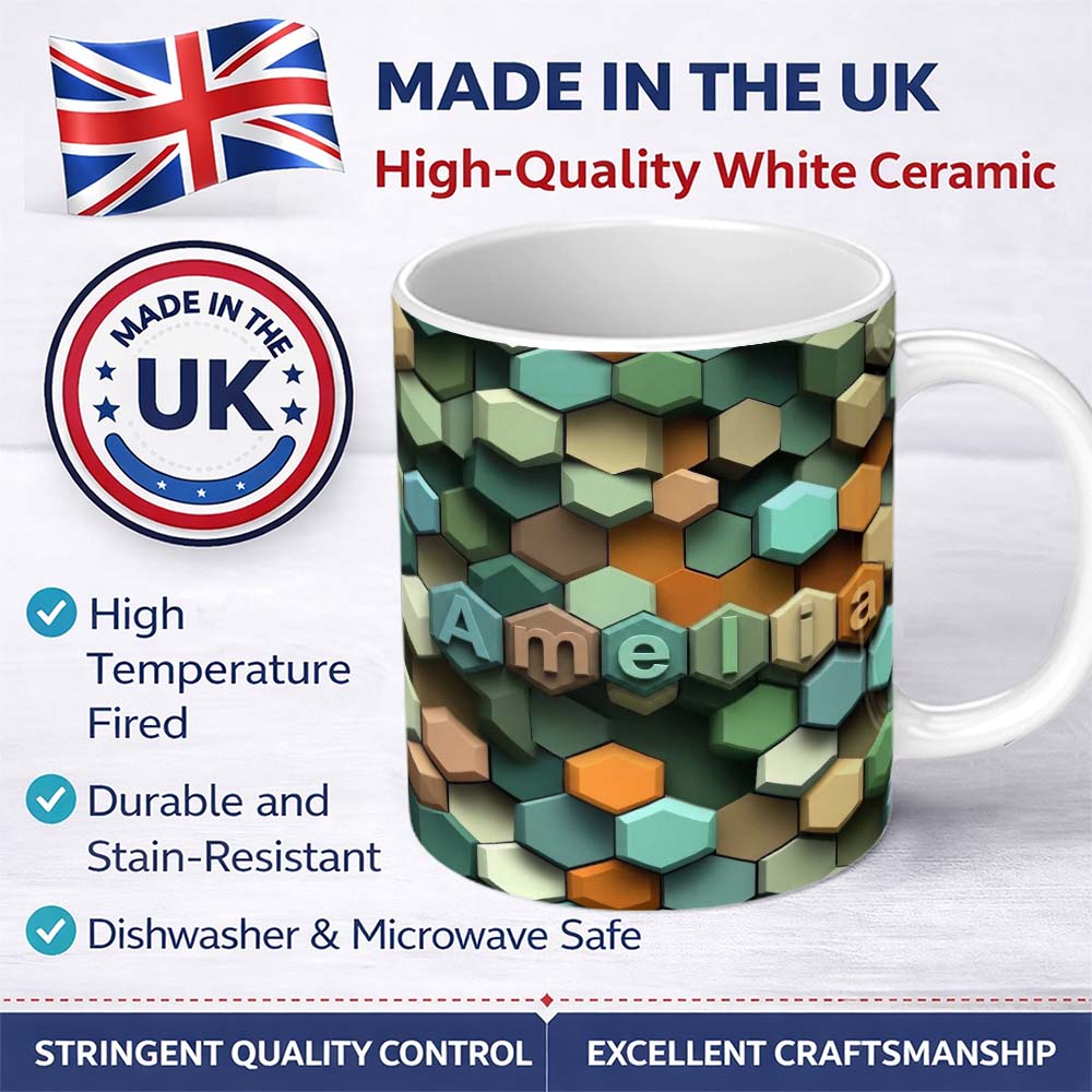 Personalized Custom Name Abstract 3D Hexagon Mosaic Modern Geometric Seamless Pattern Name 11oz Ceramic Coffee Tea Mug White Large Handle