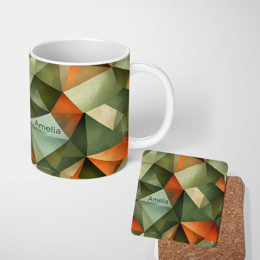 Personalized Custom Name Abstract Faceted Polygon Earth Tone Seamless Pattern Name Cute 11oz Ceramic Coffee Tea Mug White Large Handle