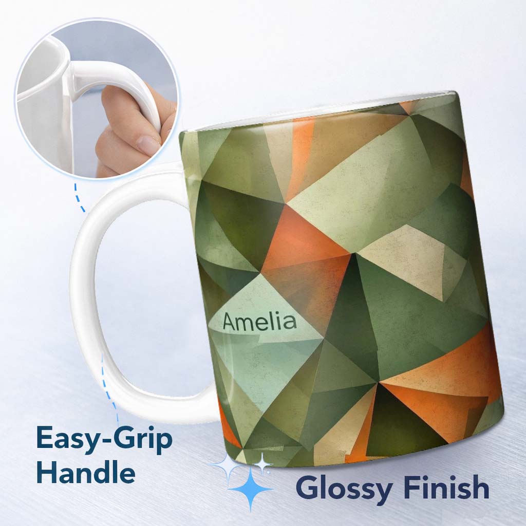 Personalized Custom Name Abstract Faceted Polygon Earth Tone Seamless Pattern Name Cute 11oz Ceramic Coffee Tea Mug White Large Handle
