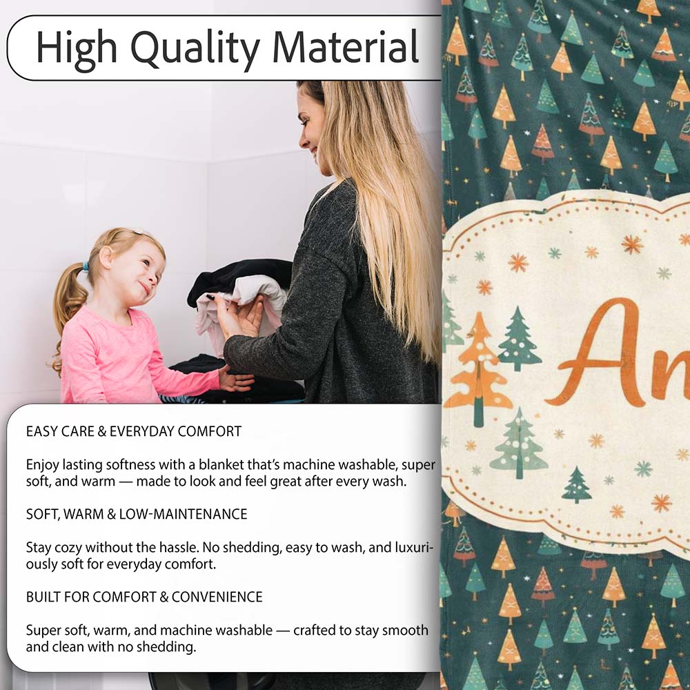 Christmas Tree Festive Pattern Dark Teal Background Seamless Pattern Personalised Custom Name Super Soft Fleece Blanket Bed Sofa Throw
