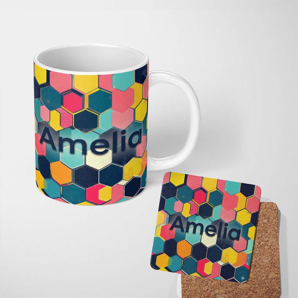 Personalized Custom Name Abstract Colorful Hexagon Tile Geometric Seamless Pattern Custom 11oz Ceramic Coffee Tea Mug White Large Handle