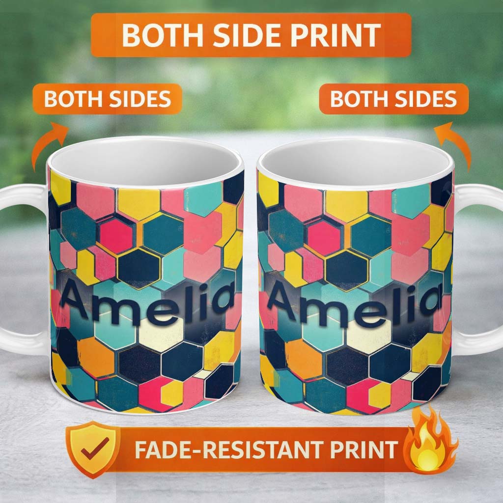 Personalized Custom Name Abstract Colorful Hexagon Tile Geometric Seamless Pattern Custom 11oz Ceramic Coffee Tea Mug White Large Handle