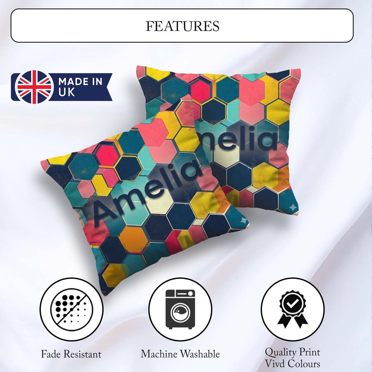 Custom Name Abstract Colorful Hexagon Geometric Seamless Pattern Square Filled Cushion Throw Pillow Sofa Bed Home Decor Zip Washable UK Made