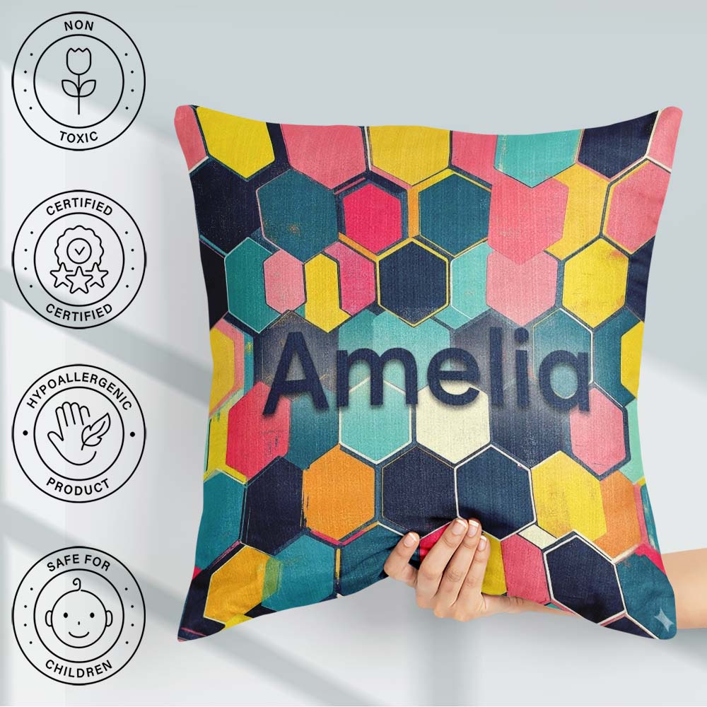 Custom Name Abstract Colorful Hexagon Geometric Seamless Pattern Square Filled Cushion Throw Pillow Sofa Bed Home Decor Zip Washable UK Made