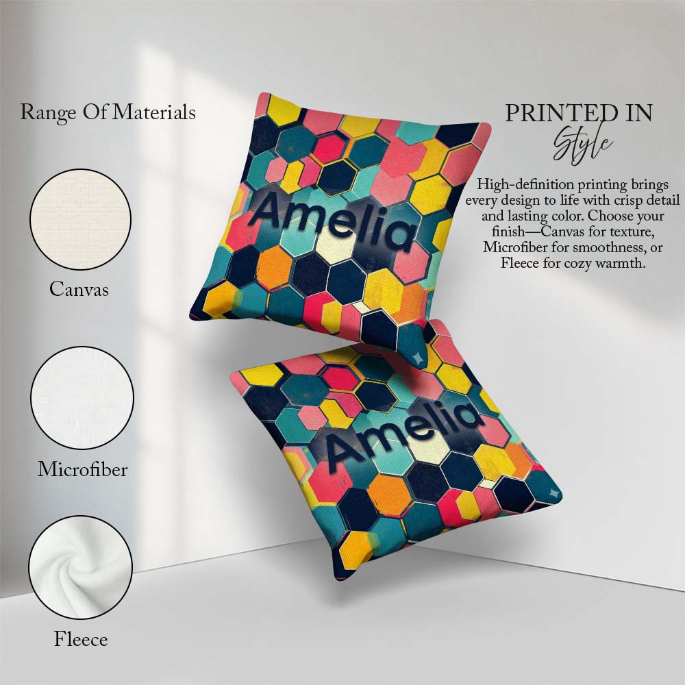 Custom Name Abstract Colorful Hexagon Geometric Seamless Pattern Square Filled Cushion Throw Pillow Sofa Bed Home Decor Zip Washable UK Made