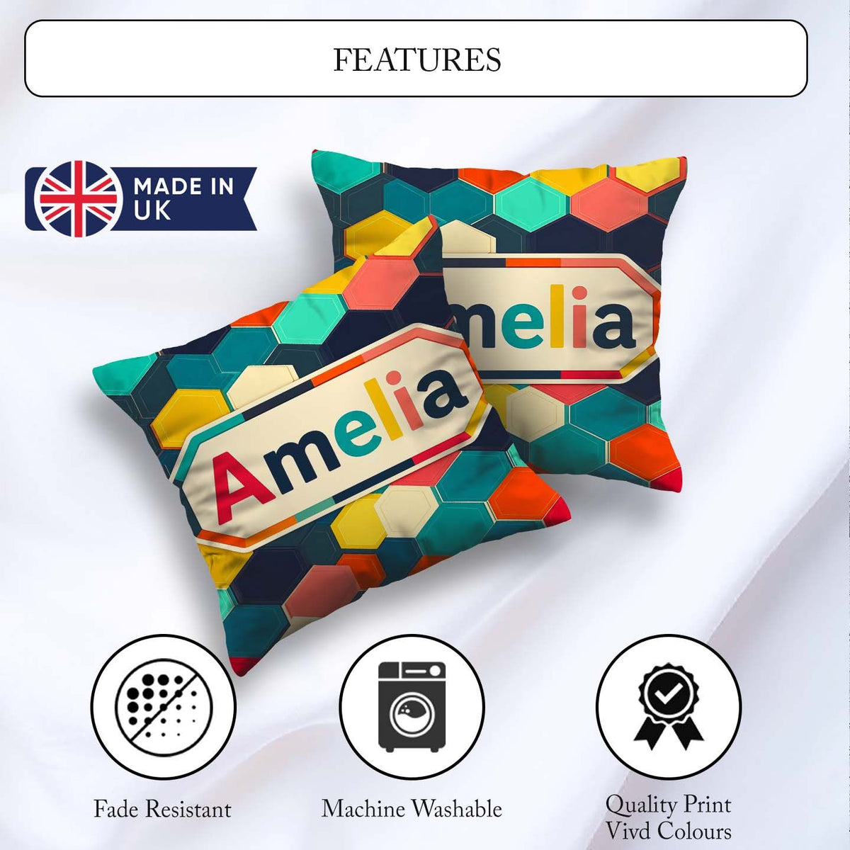 Custom Name Abstract Multicolor Hexagon Honeycomb Seamless Name Square Filled Cushion Throw Pillow Sofa Bed Home Decor Zip Washable UK Made