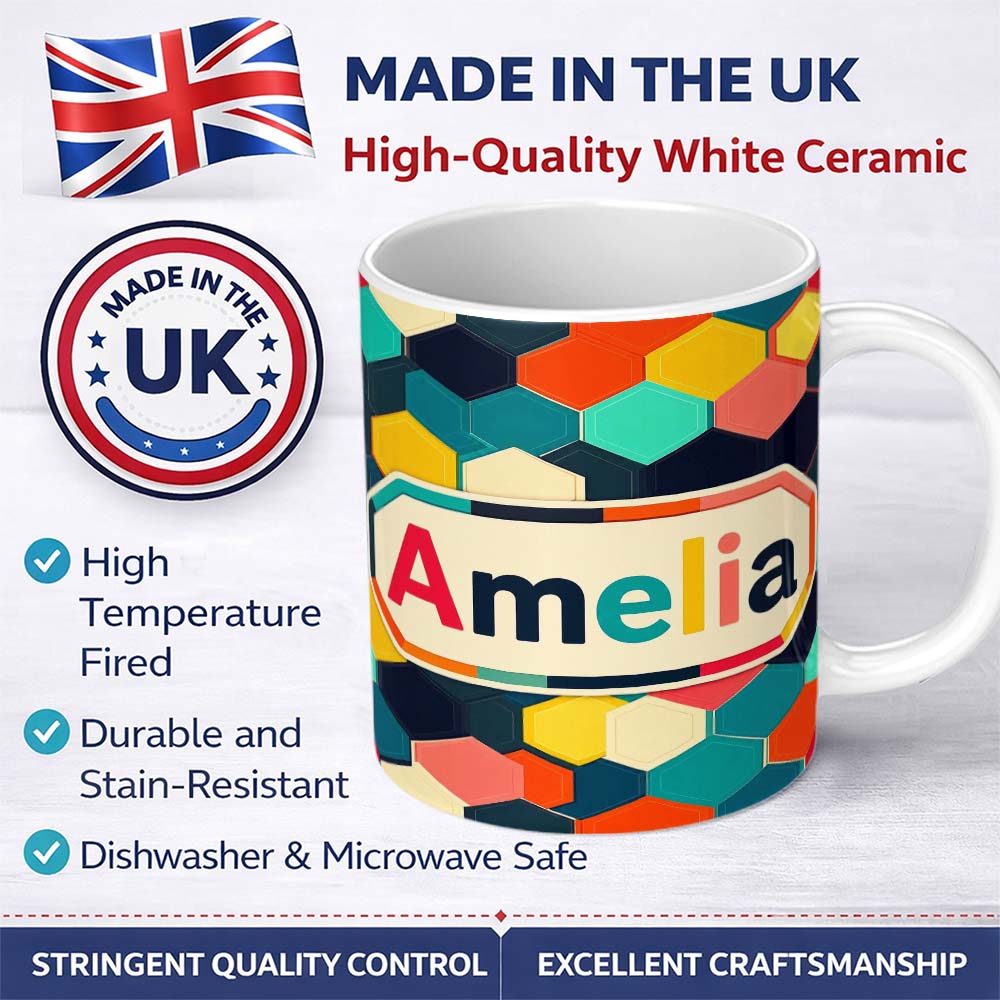 Personalized Custom Name Abstract Multicolor Hexagon Honeycomb Seamless Pattern Name Cute 11oz Ceramic Coffee Tea Mug White Large Handle
