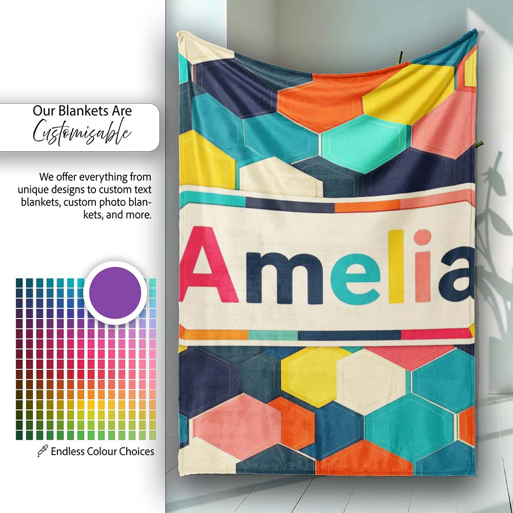 Abstract Multicolor Hexagon Honeycomb Seamless Pattern Name Cute Personalised Custom Name Super Soft Fleece Blanket Bed Sofa Throw