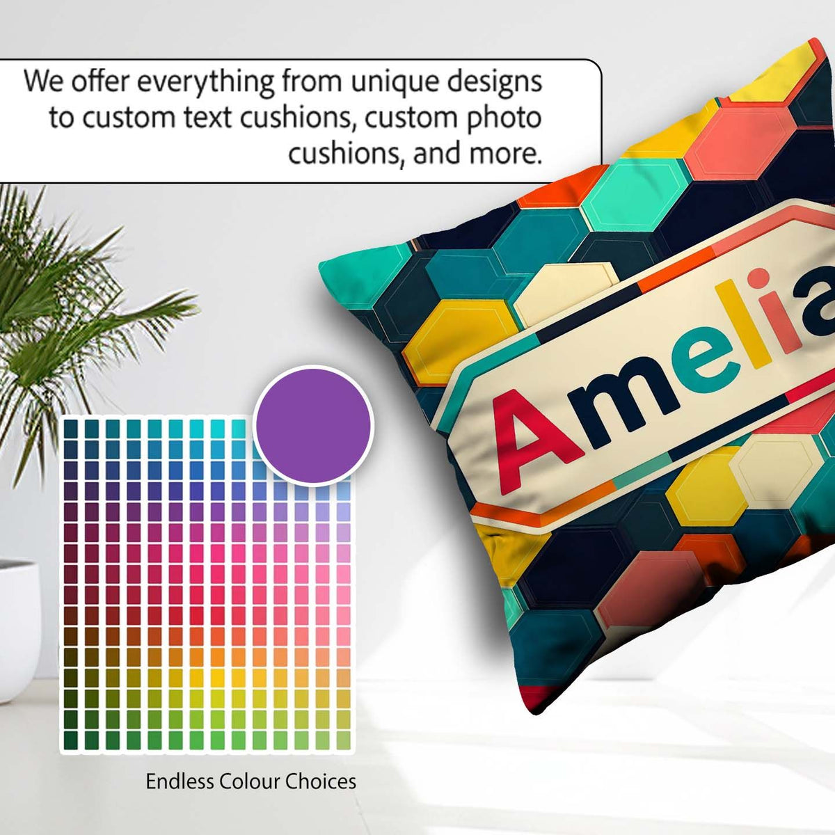 Custom Name Abstract Multicolor Hexagon Honeycomb Seamless Name Square Filled Cushion Throw Pillow Sofa Bed Home Decor Zip Washable UK Made