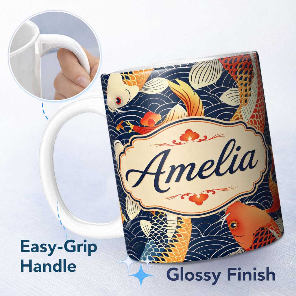 Personalized Custom Name Decorative Koi Fish with Geometric Wave Background Pattern Asian 11oz Ceramic Coffee Tea Mug White Large Handle