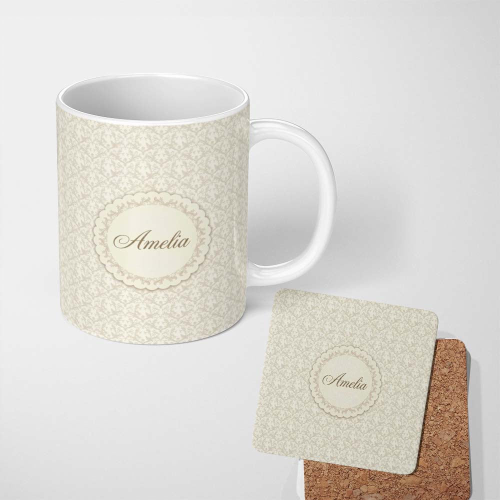 Personalized Custom Name Delicate Vintage Floral Vine Beige Seamless Pattern Cute Unique Gift 11oz Ceramic Coffee Tea Mug White Large Handle
