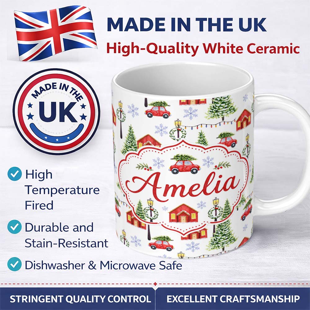 Personalized Custom Name Watercolor Winter Village Houses Trees Cars Snow Seamless Pattern 11oz Ceramic Coffee Tea Mug White Large Handle
