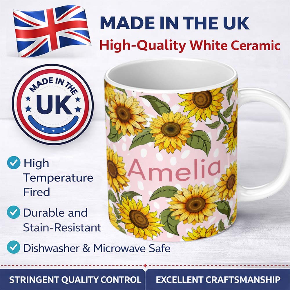 Personalized Custom Name Bright Yellow Sunflower Pink Abstract Background Seamless Pattern 11oz Ceramic Coffee Tea Mug White Large Handle