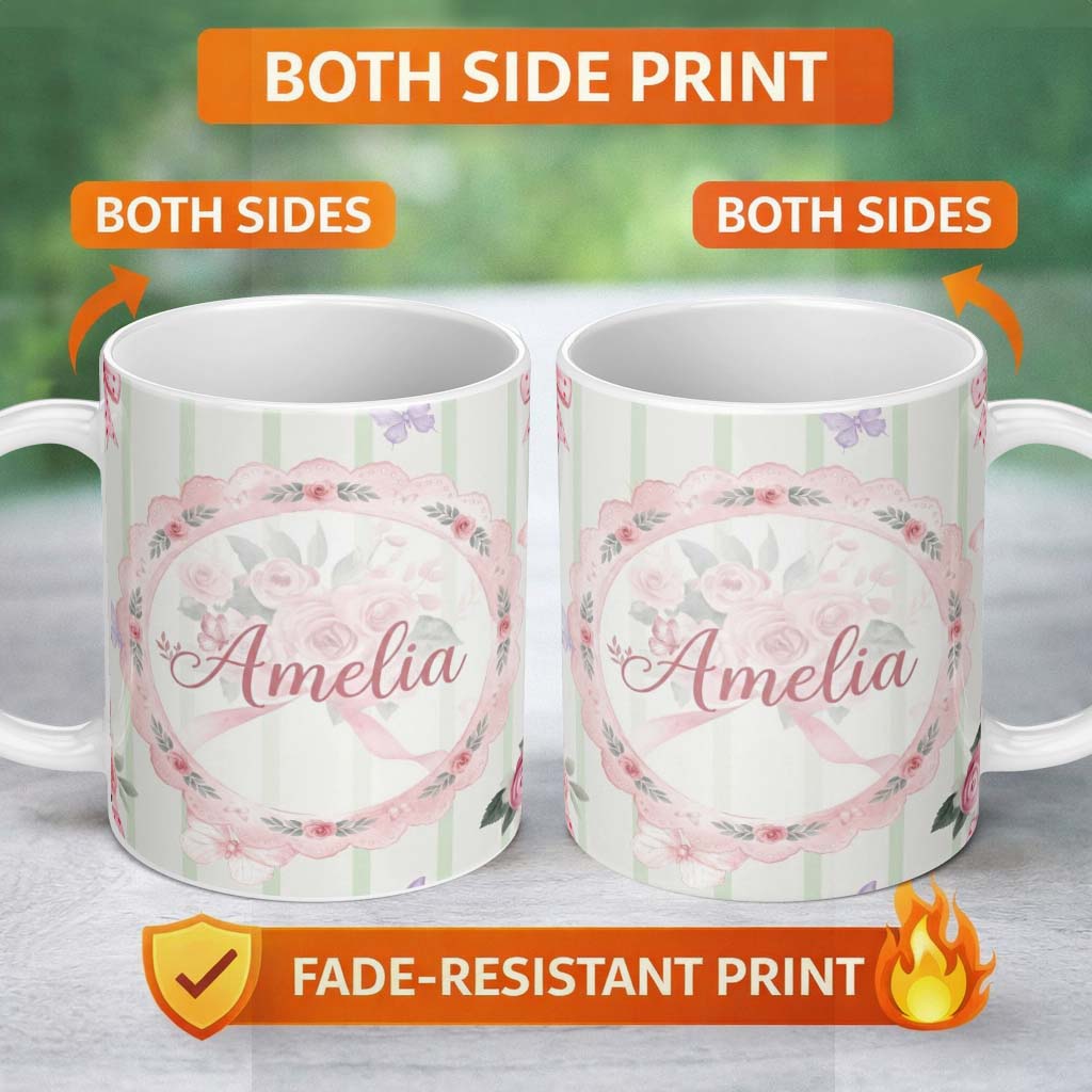 Personalized Custom Name Cute Watercolor Roses Bouquet with Red Ribbon Sage Green Stripe 11oz Ceramic Coffee Tea Mug White Large Handle