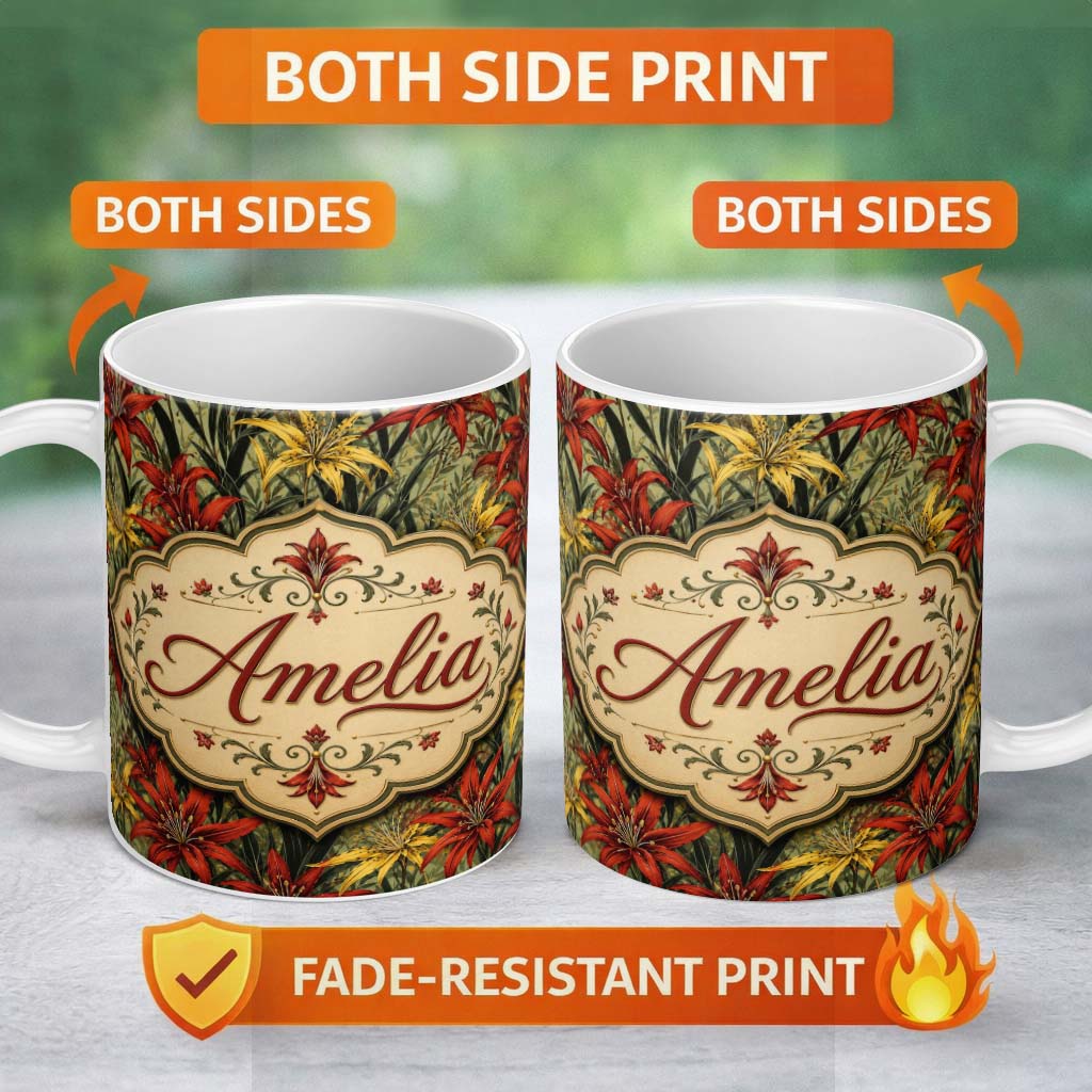 Personalized Custom Name Tropical Red Yellow Exotic Flowers Jungle Seamless Pattern Lovely 11oz Ceramic Coffee Tea Mug White Large Handle