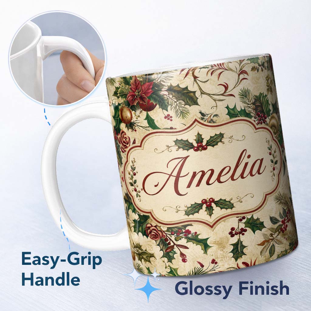 Personalized Custom Name Classic Christmas Floral Holly Berries Pine Leaves Vintage Seamless 11oz Ceramic Coffee Tea Mug White Large Handle