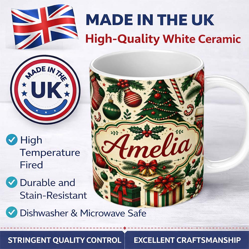 Personalized Custom Name Classic Christmas Tree Gift Holly Berry Festive Seamless Pattern 11oz Ceramic Coffee Tea Mug White Large Handle