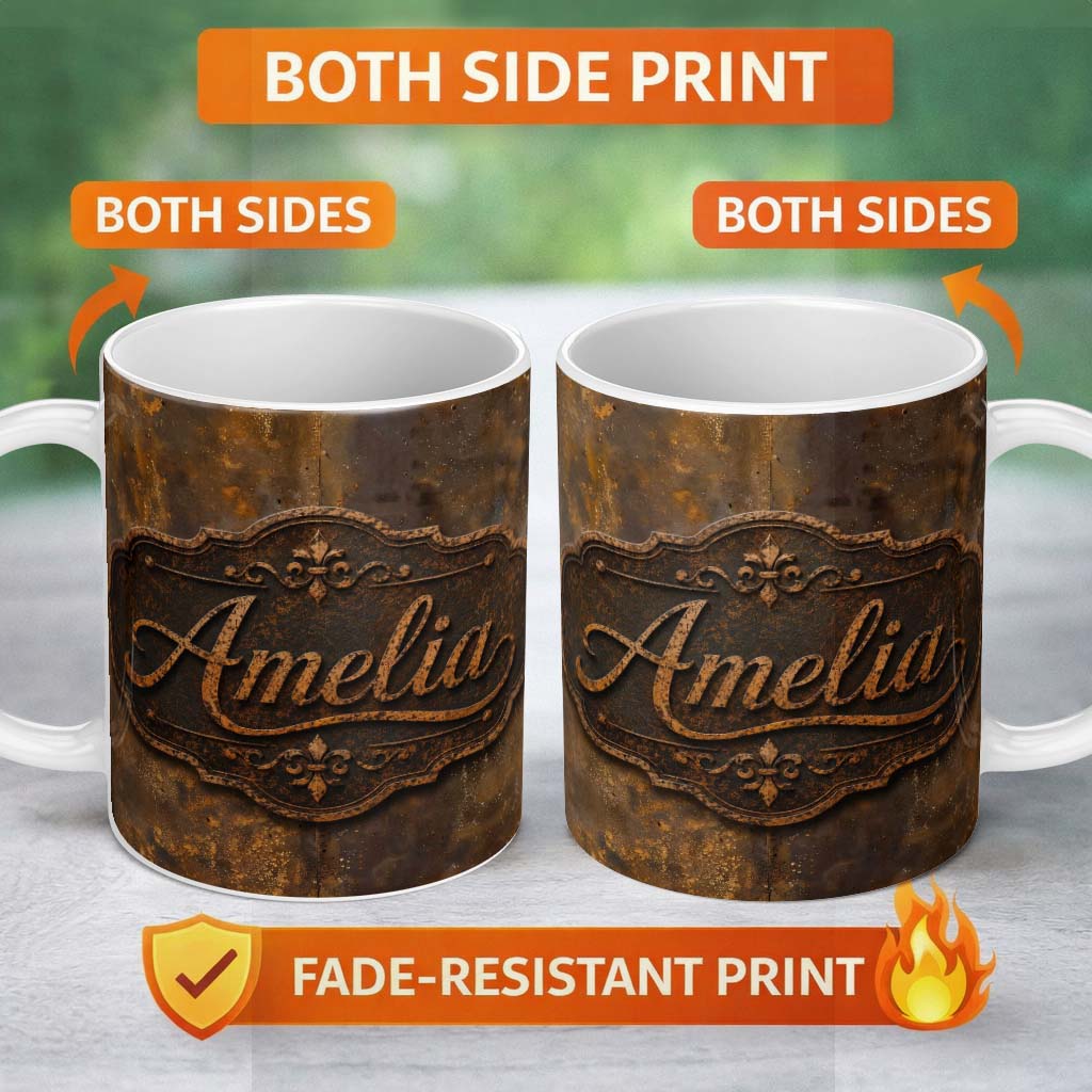 Personalized Custom Name Mixed Media Rust Collage Texture Artistic Grunge Seamless Pattern 11oz Ceramic Coffee Tea Mug White Large Handle