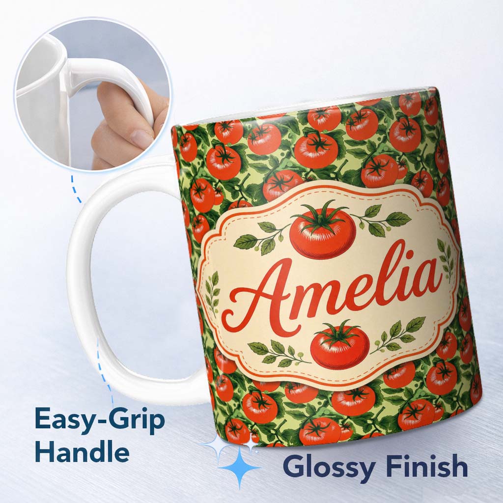 Personalized Custom Name Glossy Red Tomato Clusters with Deep Green Leaves Seamless Pattern 11oz Ceramic Coffee Tea Mug White Large Handle