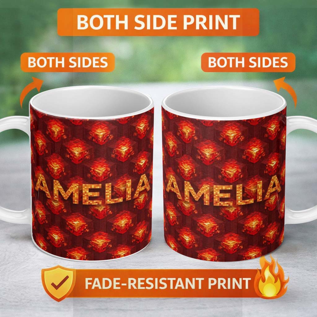 Personalized Custom Name Red Lava Cube Block Geometric Abstract Seamless Pattern Lovely 11oz Ceramic Coffee Tea Mug White Large Handle