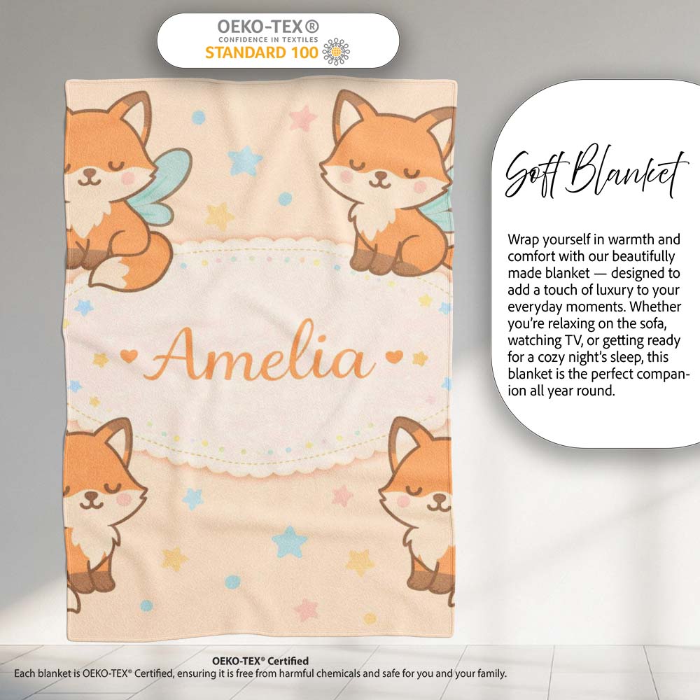 Cute Fairy Fox Cartoon Animal Pattern Cute Unique Gift Lovely Personalised Custom Name Super Soft Fleece Blanket Bed Sofa Throw