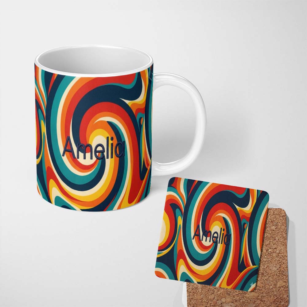 Personalized Custom Name Abstract Spiral Wave Swirl Colorful Seamless Pattern Name Cute 11oz Ceramic Coffee Tea Mug White Large Handle