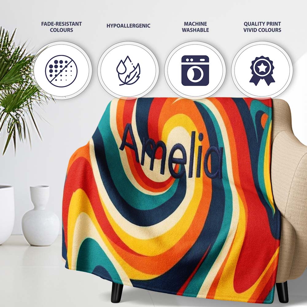 Abstract Spiral Wave Swirl Colorful Seamless Pattern Name Cute Personalised Custom Name Super Soft Fleece Blanket Bed Sofa Throw