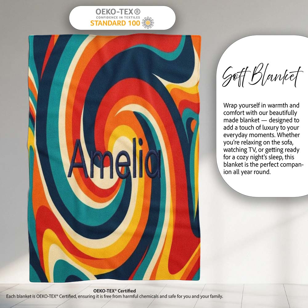Abstract Spiral Wave Swirl Colorful Seamless Pattern Name Cute Personalised Custom Name Super Soft Fleece Blanket Bed Sofa Throw