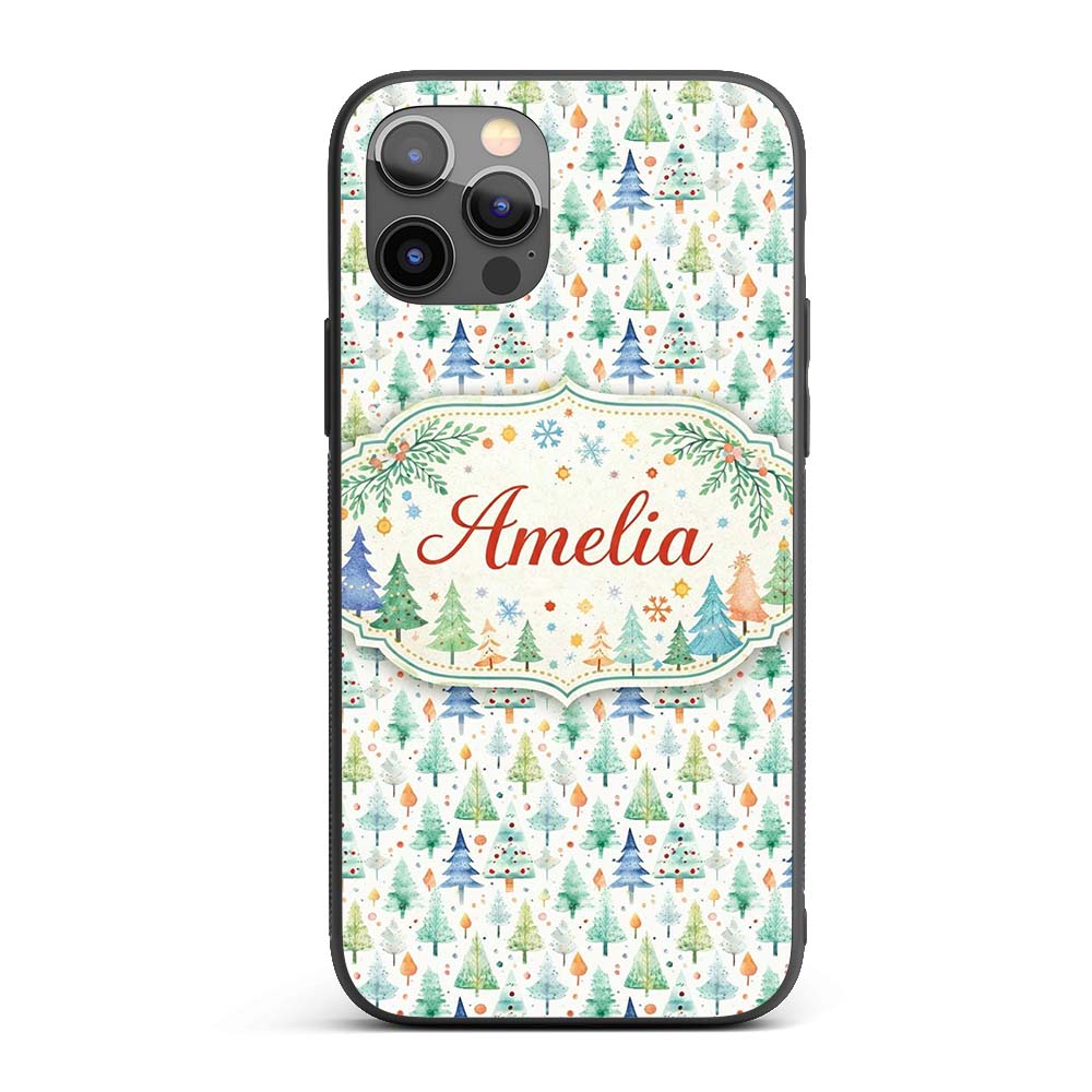 Watercolor Christmas Tree Pastel Forest Seamless Custom Name Protective Phone Case Mobile Cover Durable Everyday Smartphone Shock Resistant