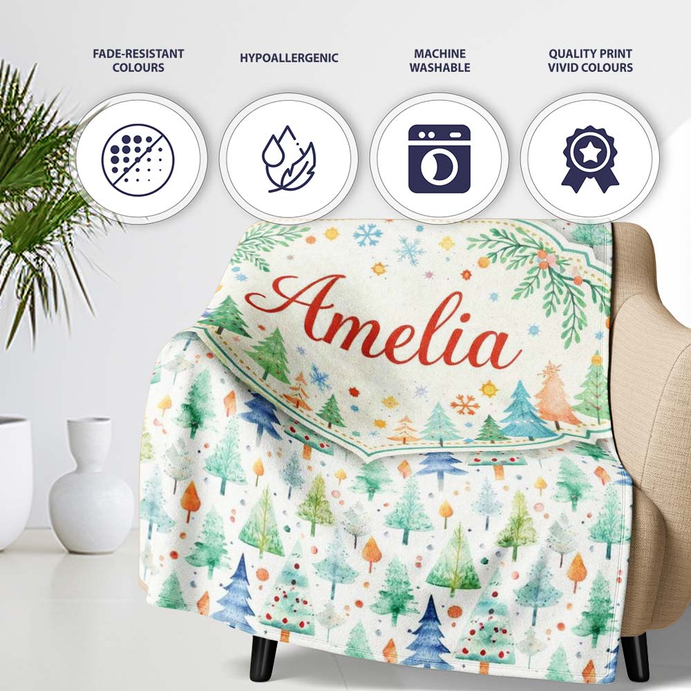 Watercolor Christmas Tree Pastel Forest Seamless Pattern Lovely Personalised Custom Name Super Soft Fleece Blanket Bed Sofa Throw
