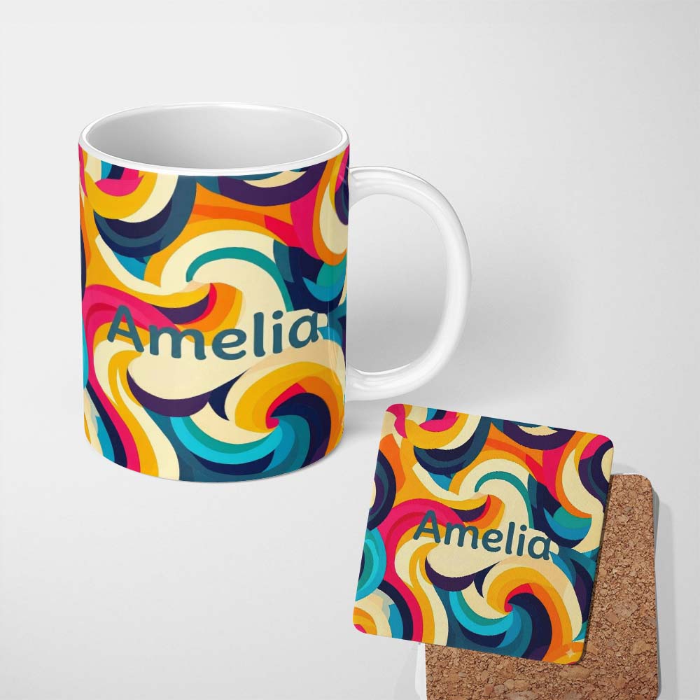 Personalized Custom Name Abstract Vibrant Flowing Curves Swirl Seamless Pattern Name Cute 11oz Ceramic Coffee Tea Mug White Large Handle